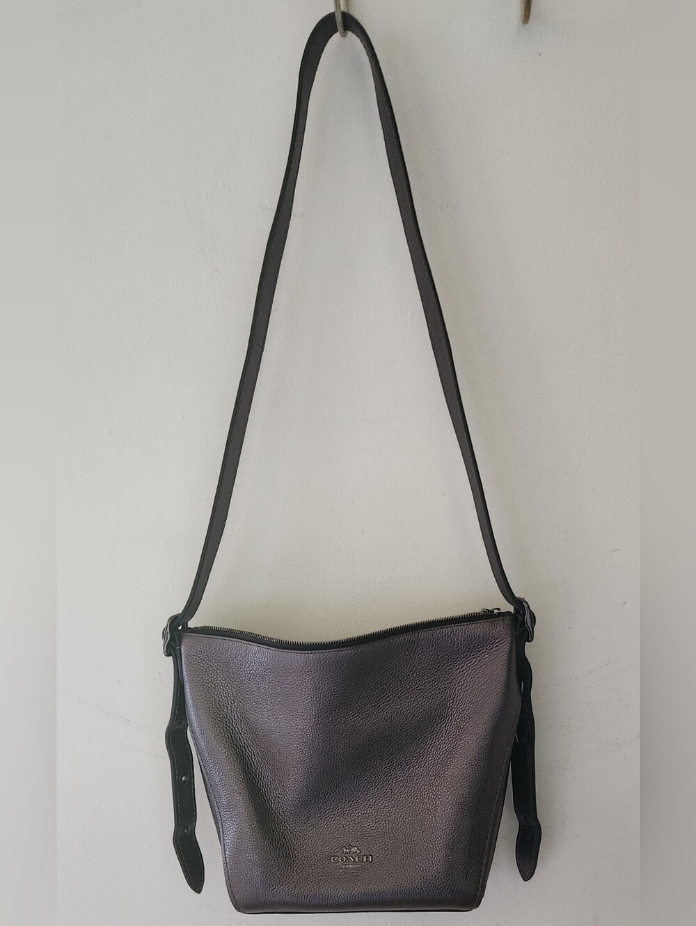 Coach Metallic Dark Grey Pebbled Leather Shoulder Bag